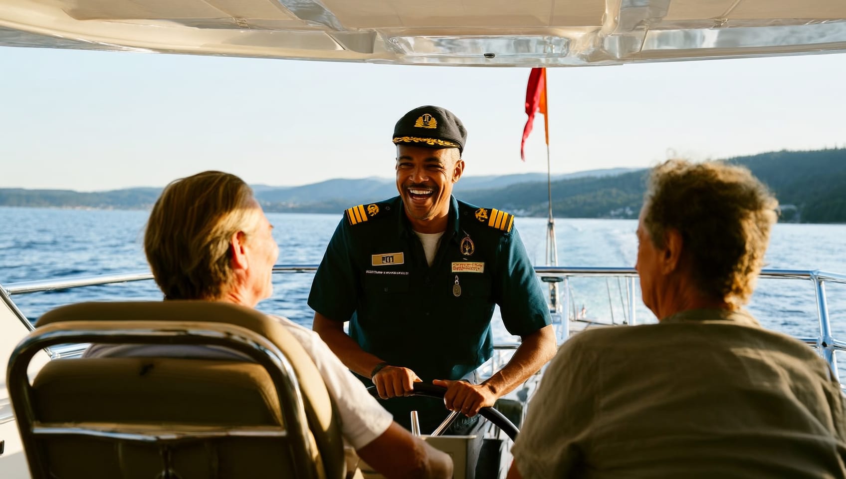 A veteran captain at the helm sharing a laugh with guests aboard a charter cruise