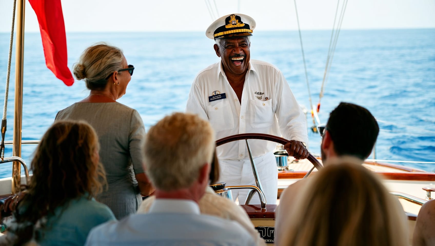 A veteran captain at the helm sharing a laugh with guests aboard a charter cruise