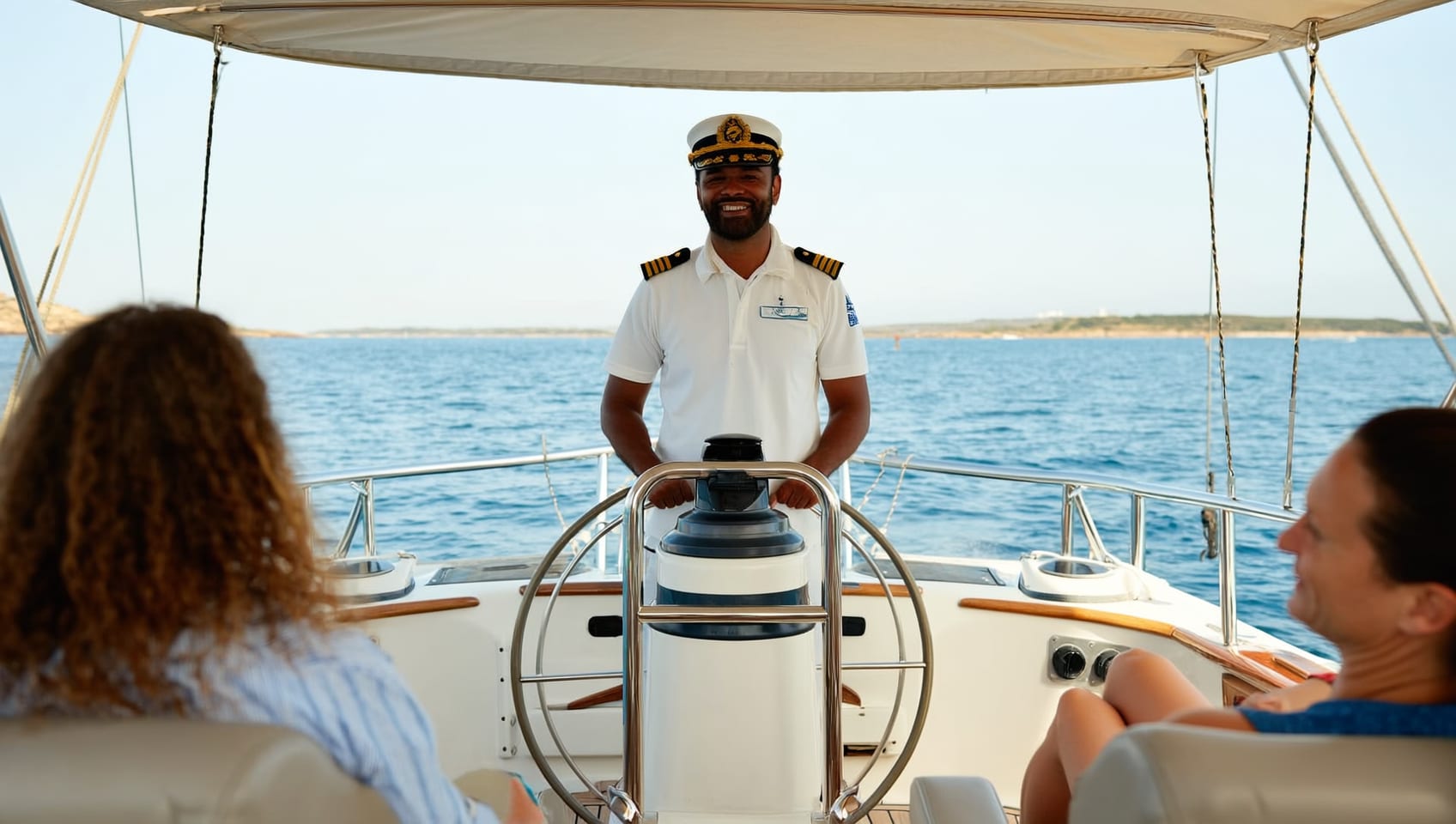 A veteran captain at the helm sharing a laugh with guests aboard a charter cruise
